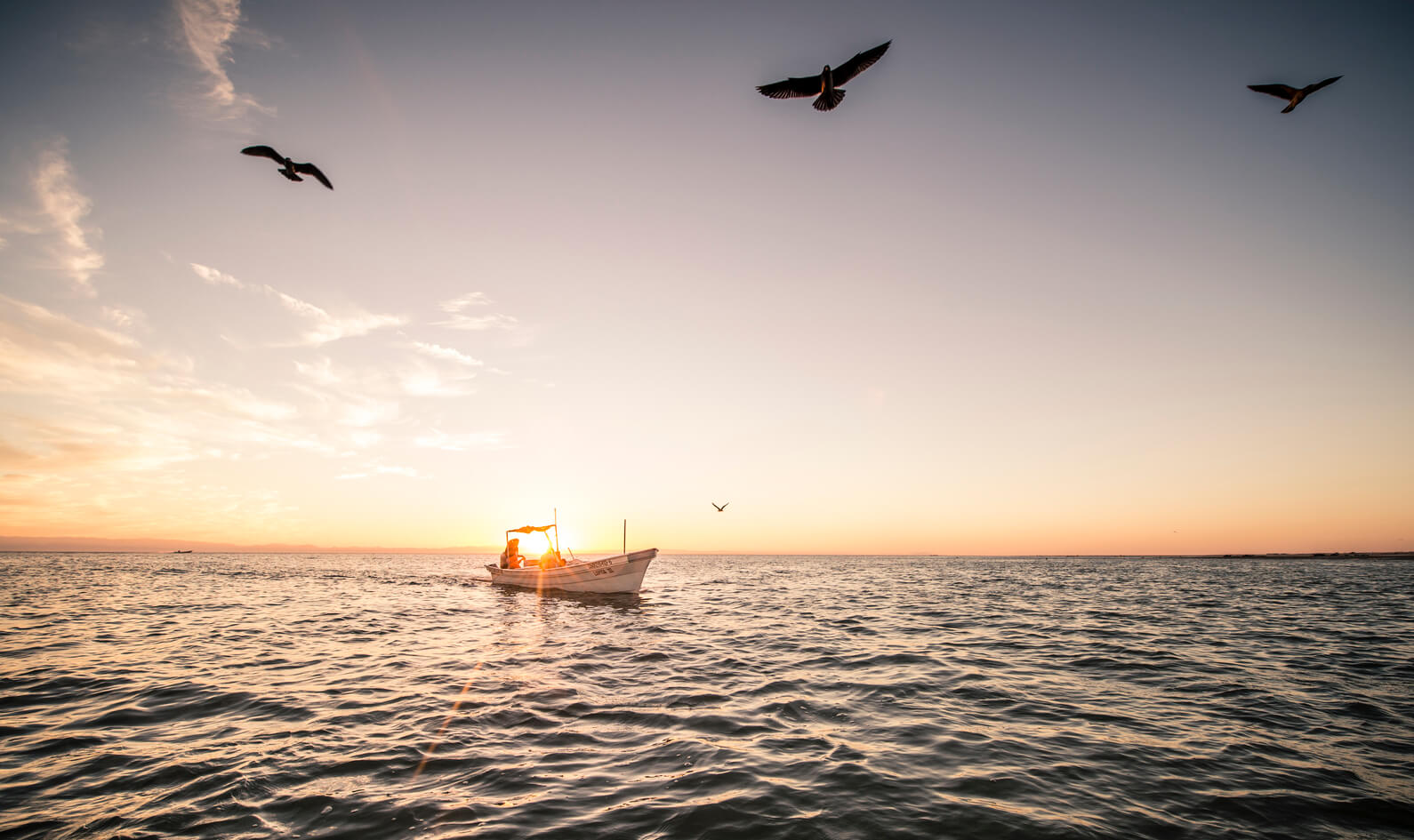 small fishing vessel at sunset